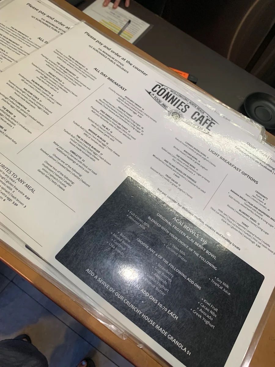 Menu, Connies Cliff Road Cafe