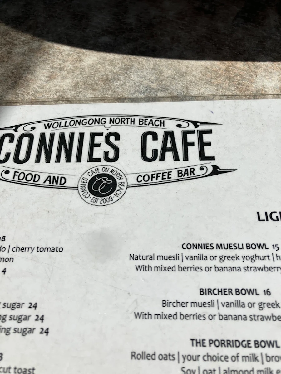 Menu, Connies Cliff Road Cafe
