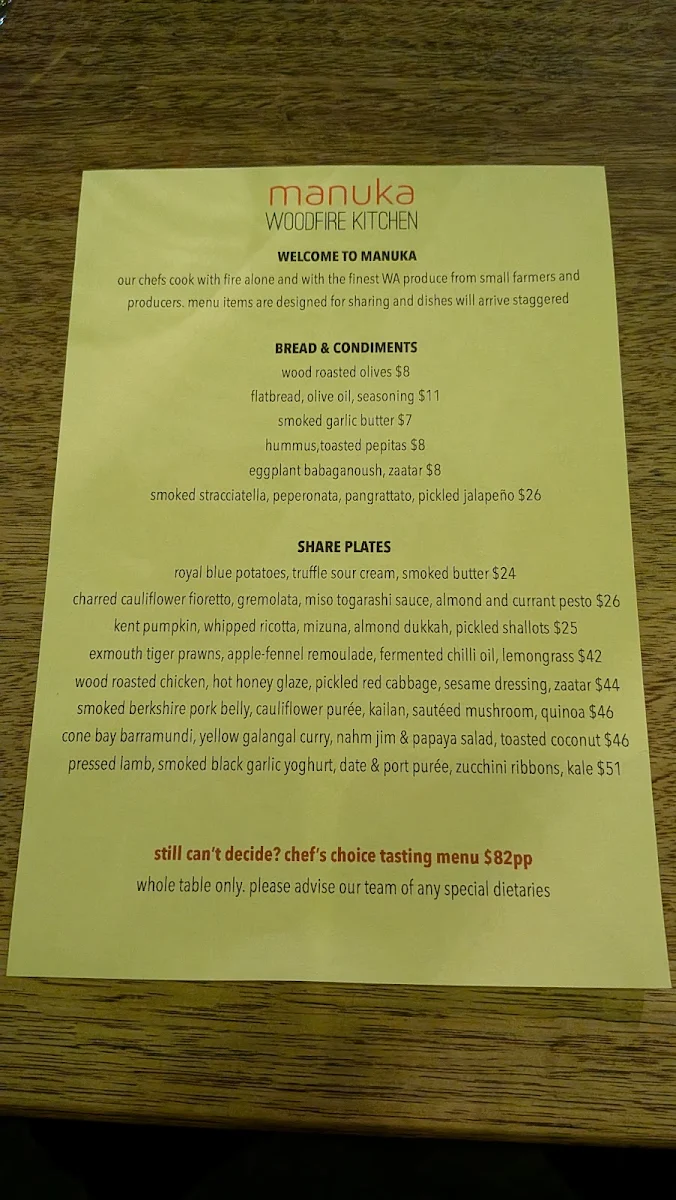 Menu, Manuka Woodfire Kitchen