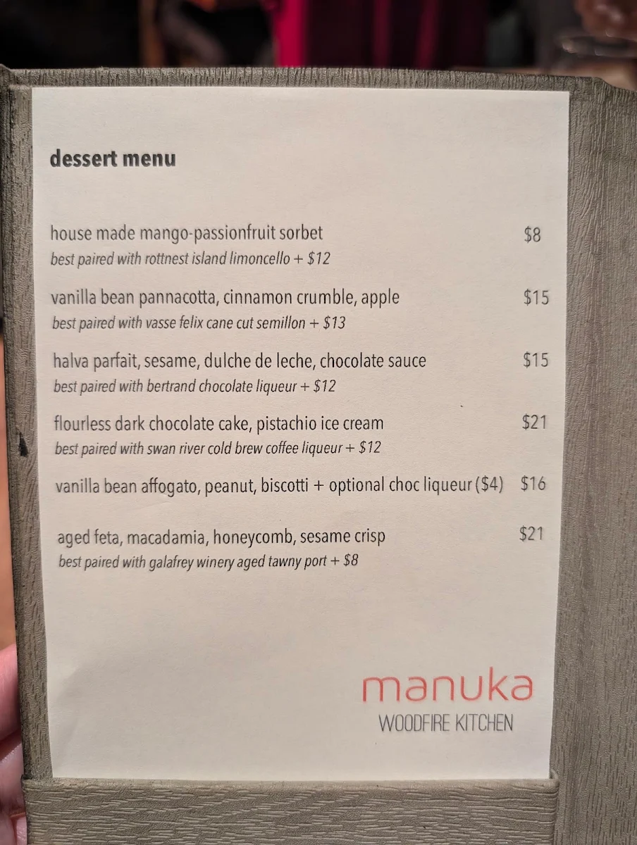 Menu, Manuka Woodfire Kitchen
