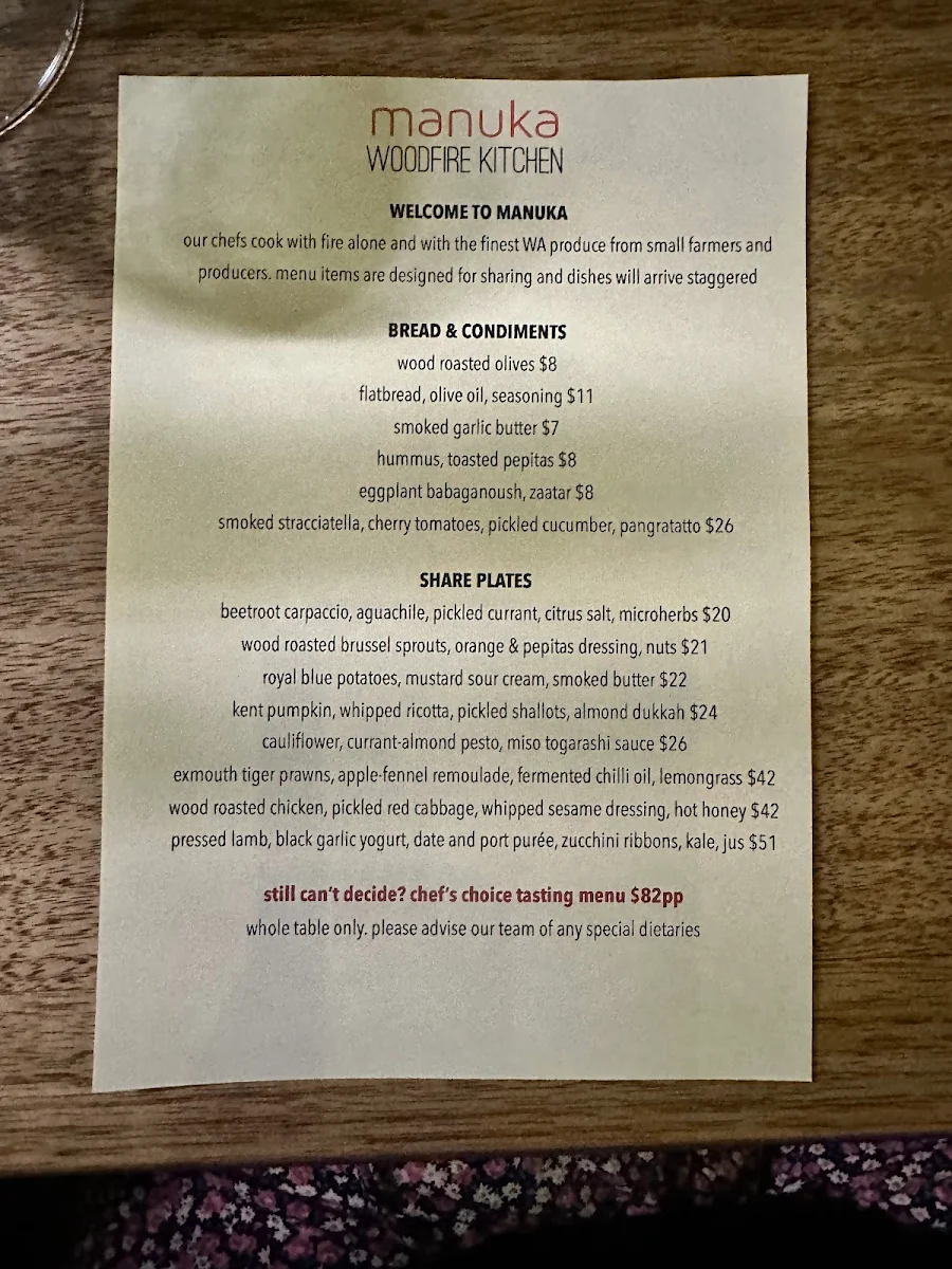 Menu, Manuka Woodfire Kitchen