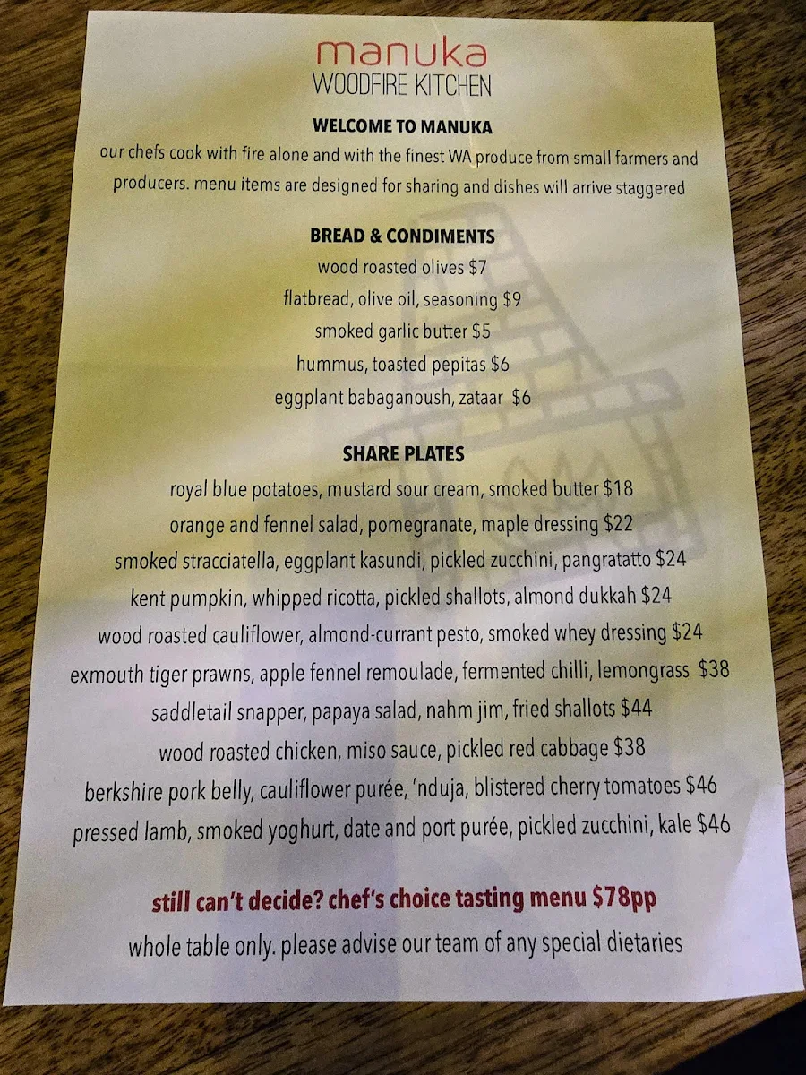 Menu, Manuka Woodfire Kitchen