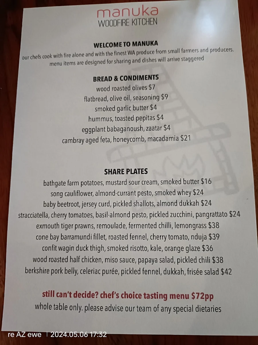 Menu, Manuka Woodfire Kitchen