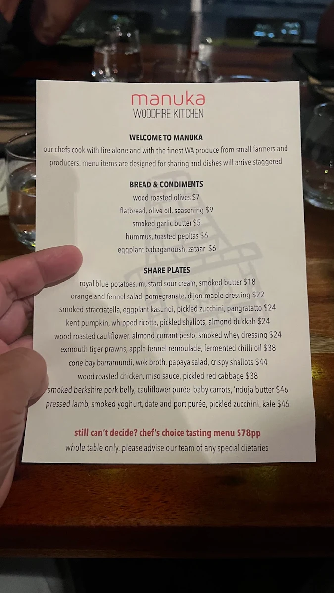 Menu, Manuka Woodfire Kitchen