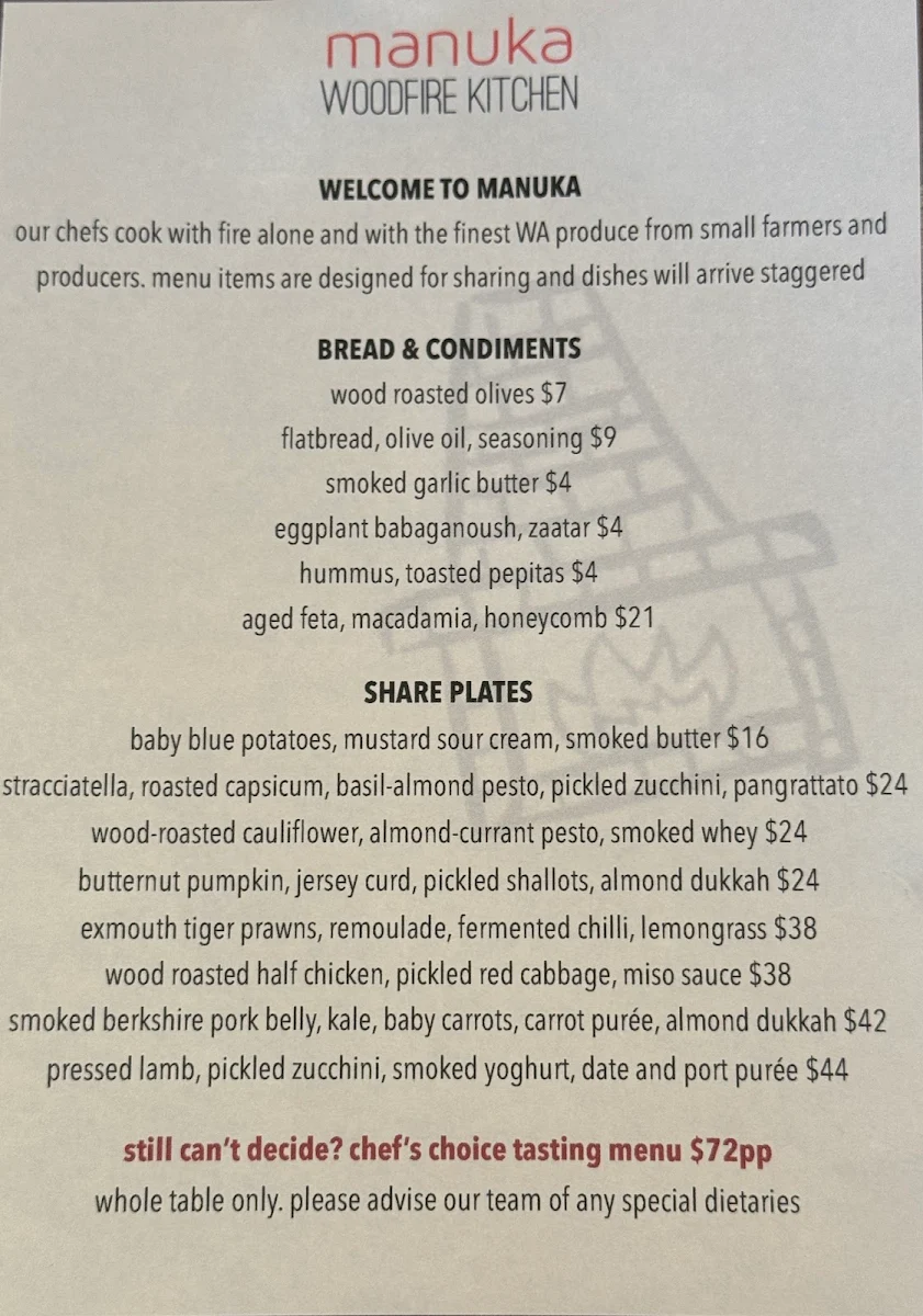 Menu, Manuka Woodfire Kitchen