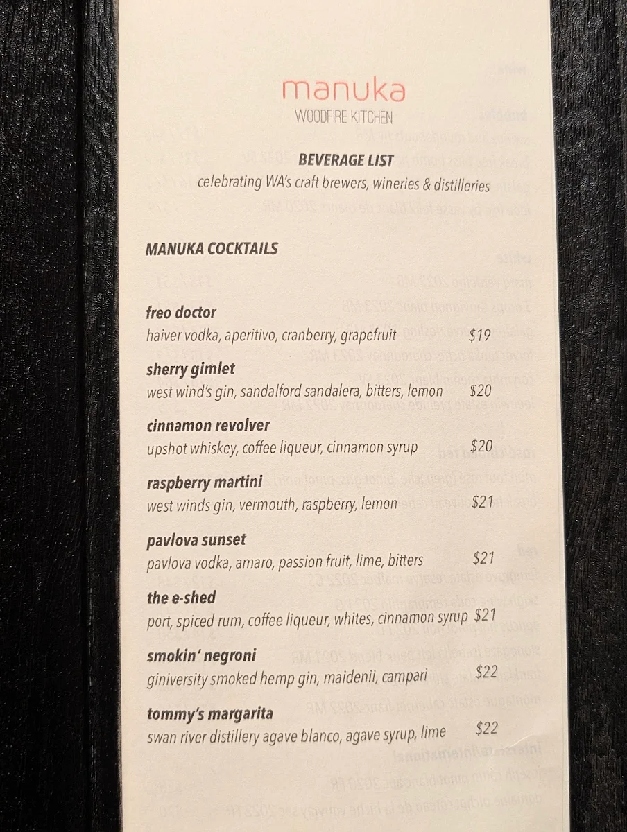 Menu, Manuka Woodfire Kitchen