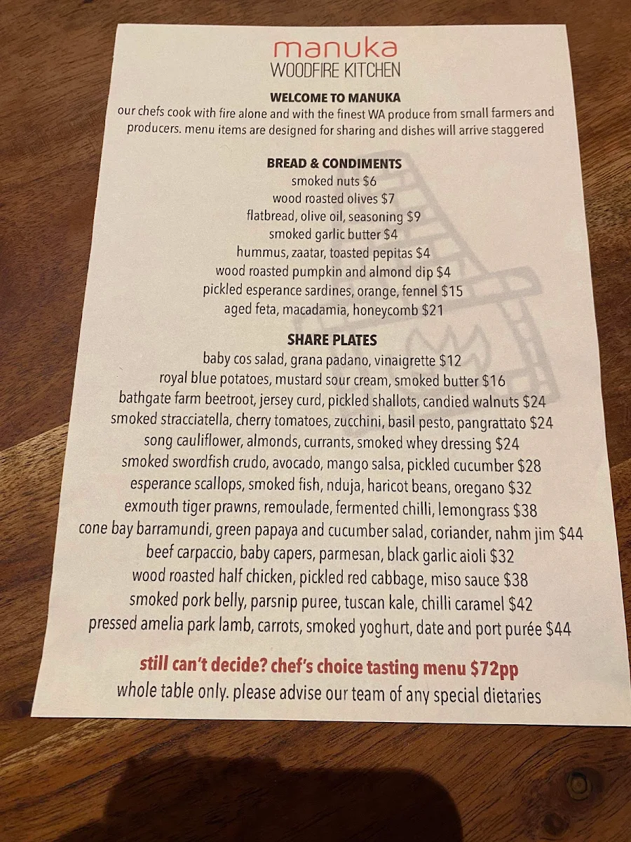 Menu, Manuka Woodfire Kitchen