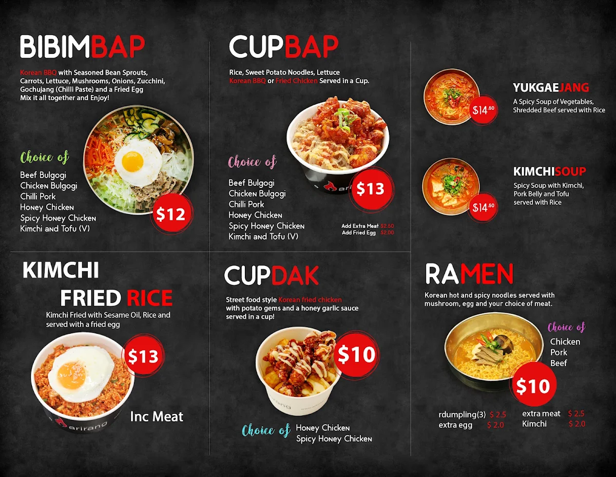 Menu, Arirang Korean Allendale