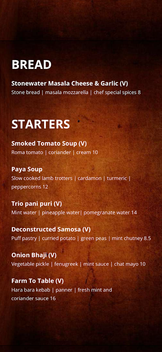 Menu, Stonewater Indian Restaurant
