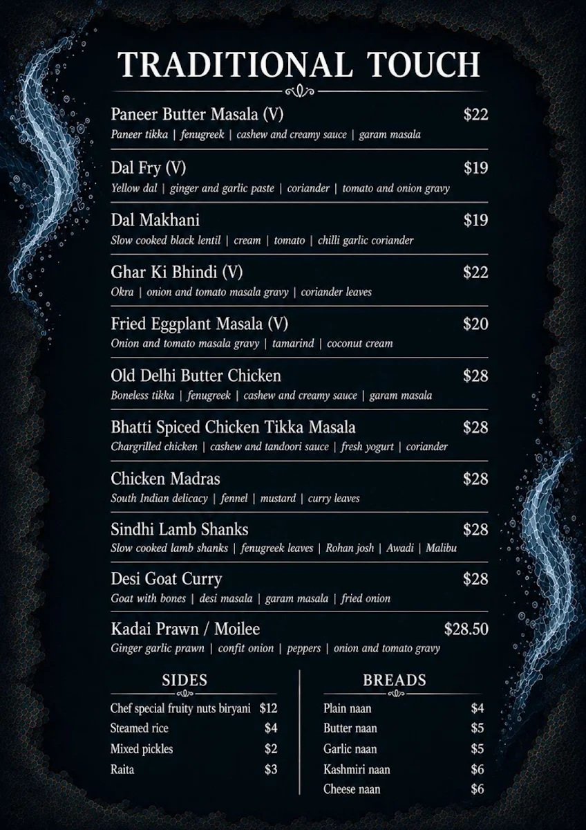 Menu, Stonewater Indian Restaurant