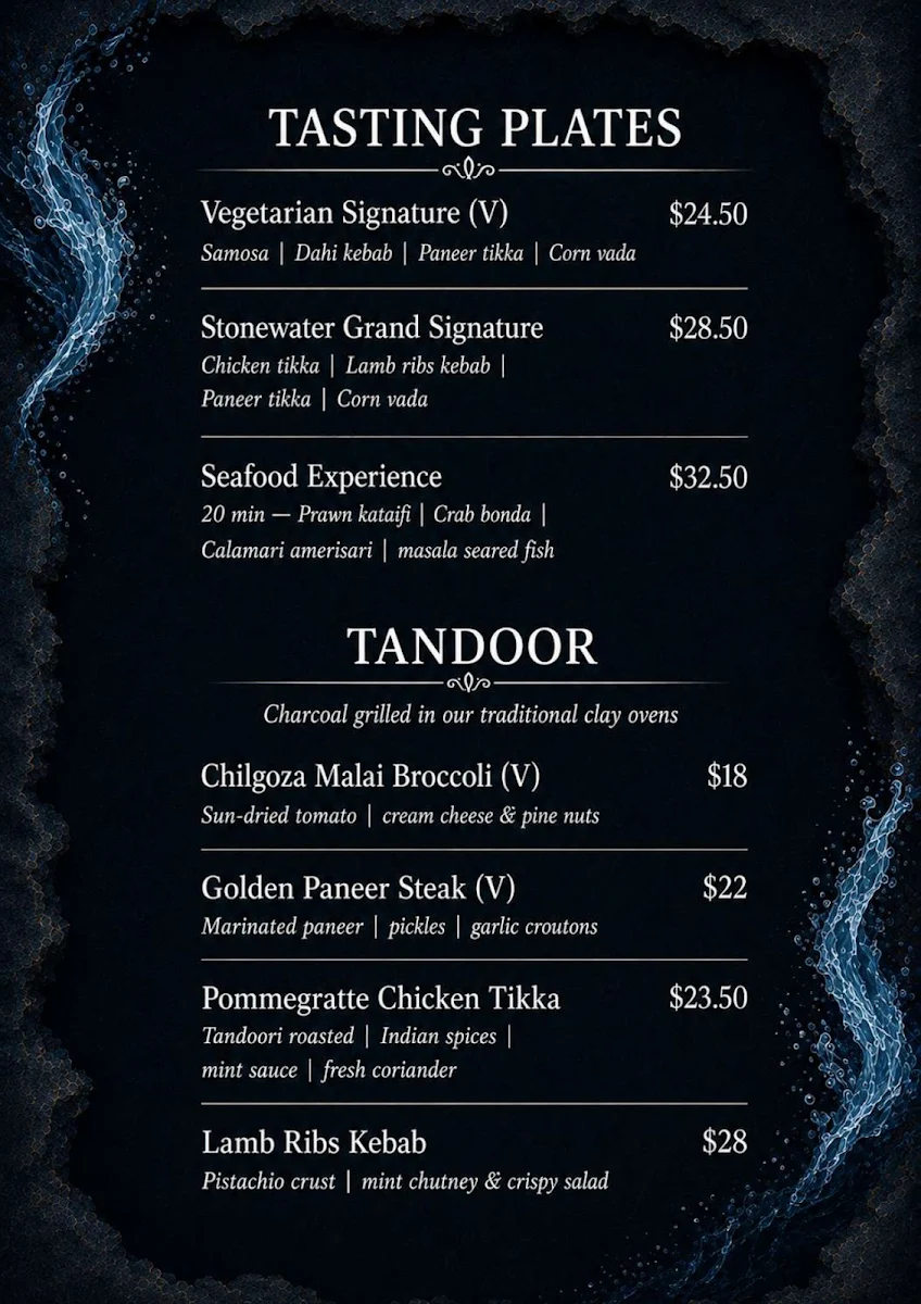 Menu, Stonewater Indian Restaurant