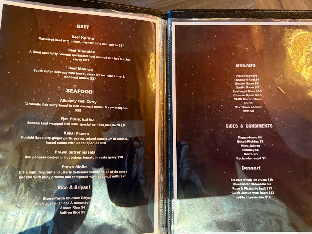 Menu, Stonewater Indian Restaurant
