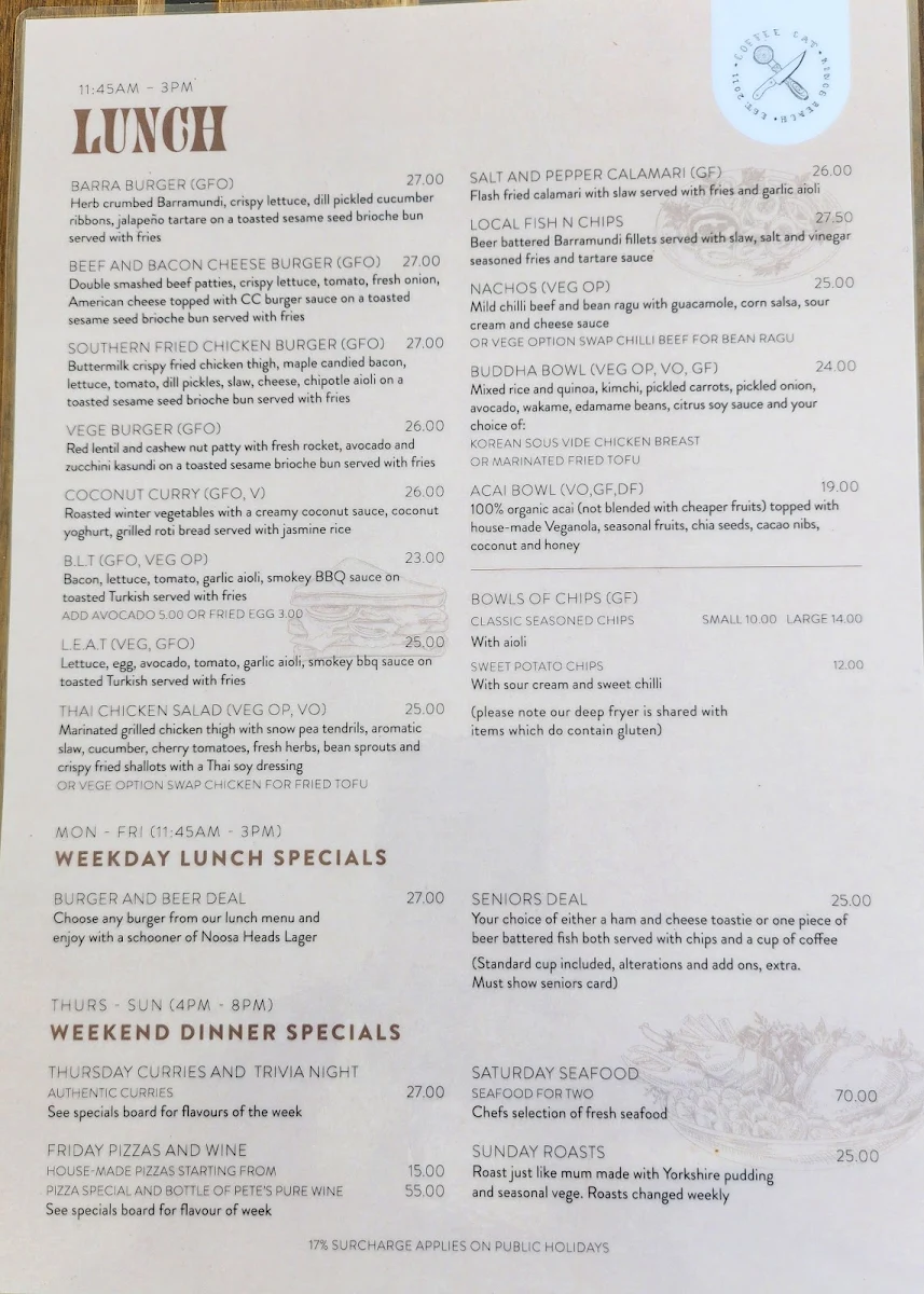 Menu, Coffee Cat On Kings Beach