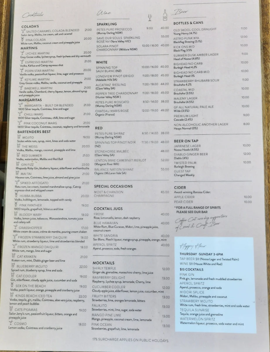 Menu, Coffee Cat On Kings Beach
