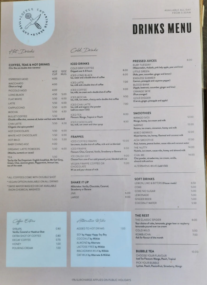 Menu, Coffee Cat On Kings Beach