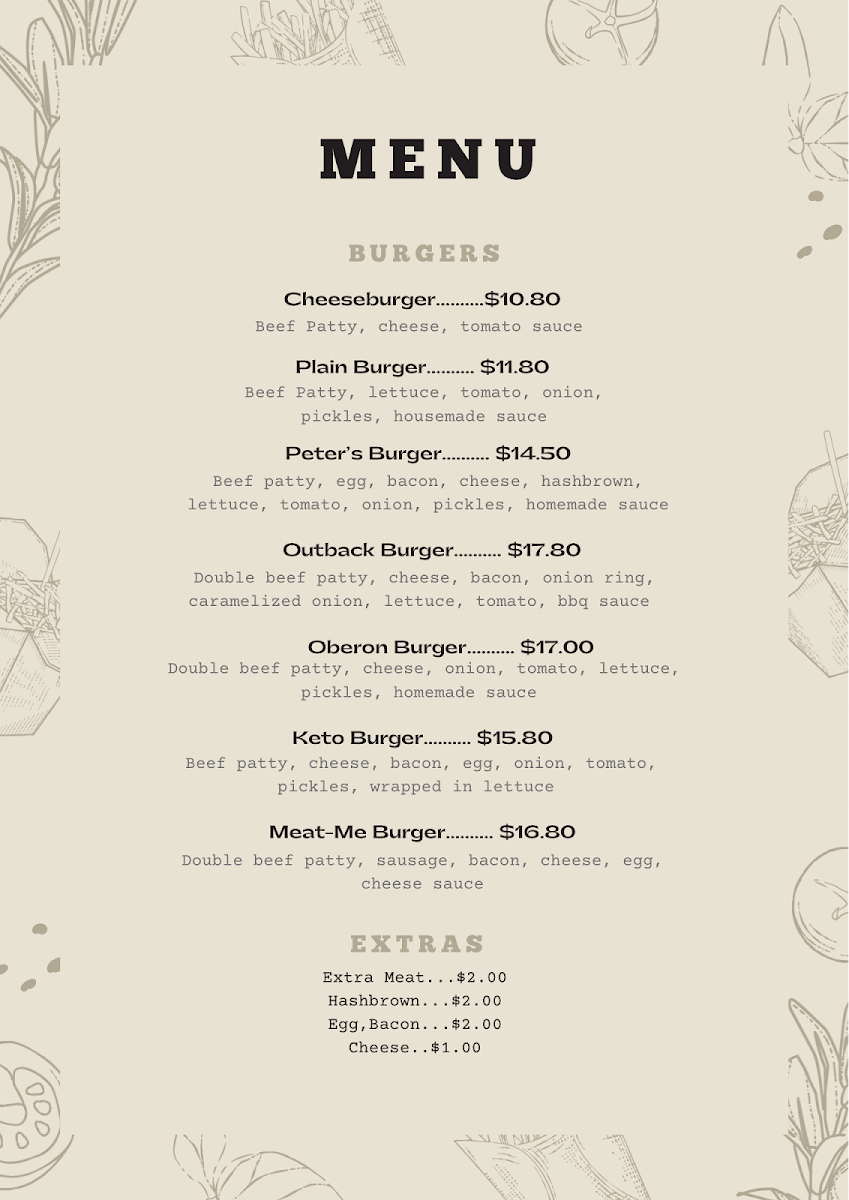 Menu, Peter's Cafe Oberon