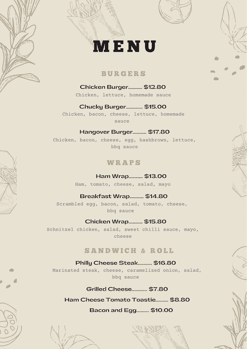 Menu, Peter's Cafe Oberon