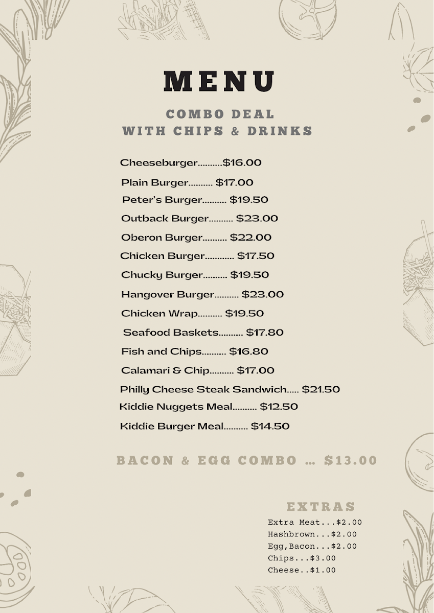 Menu, Peter's Cafe Oberon
