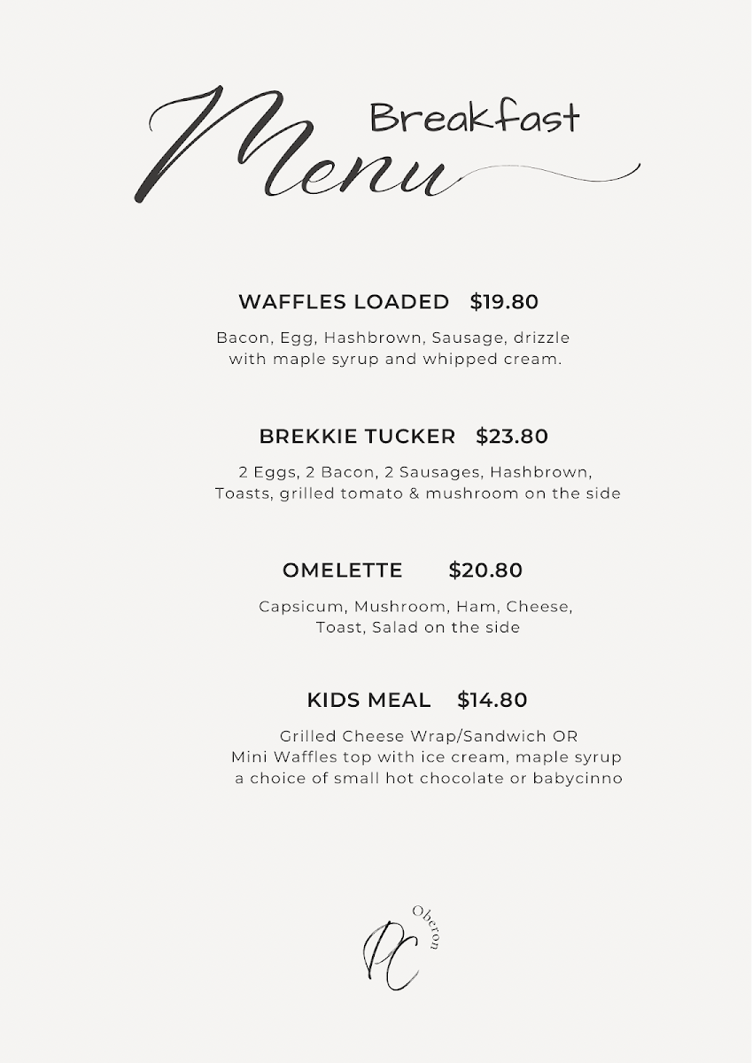 Menu, Peter's Cafe Oberon