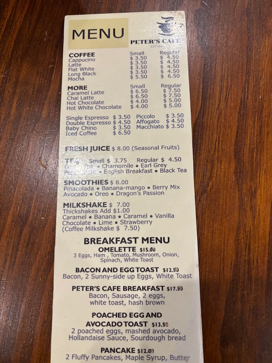 Menu, Peter's Cafe Oberon