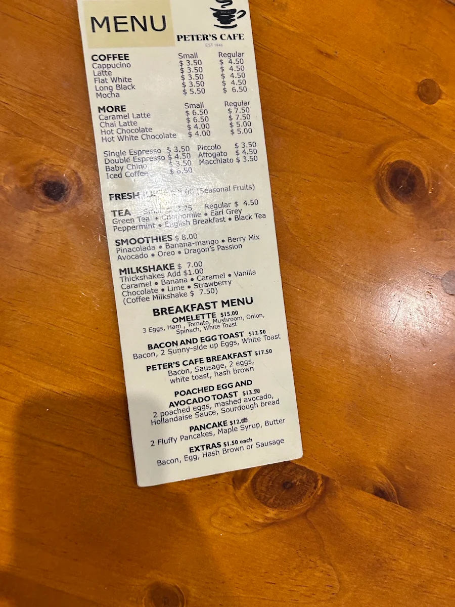 Menu, Peter's Cafe Oberon