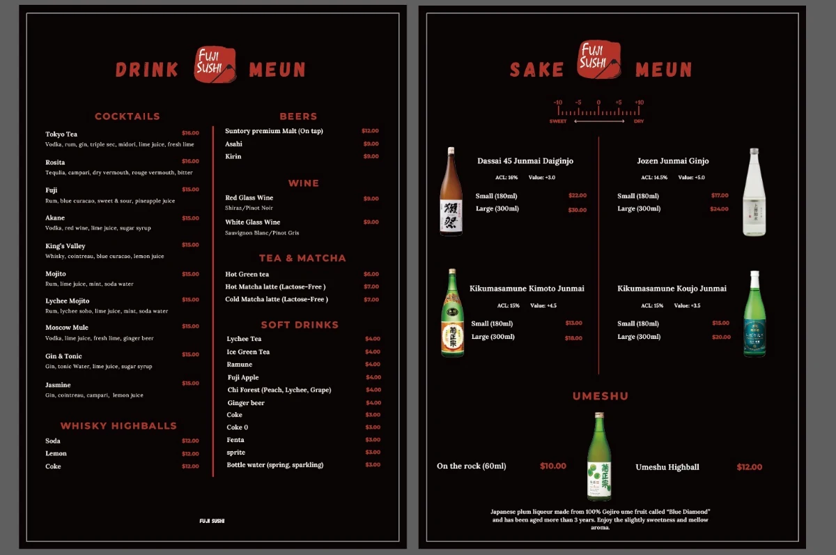 Menu, Fuji Sushi
