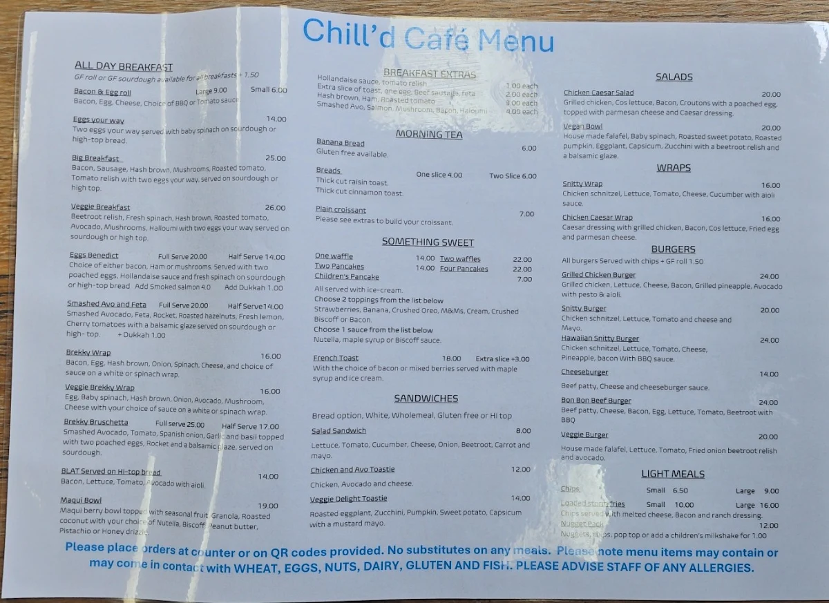 Menu, Chill'd Cafe & Bar