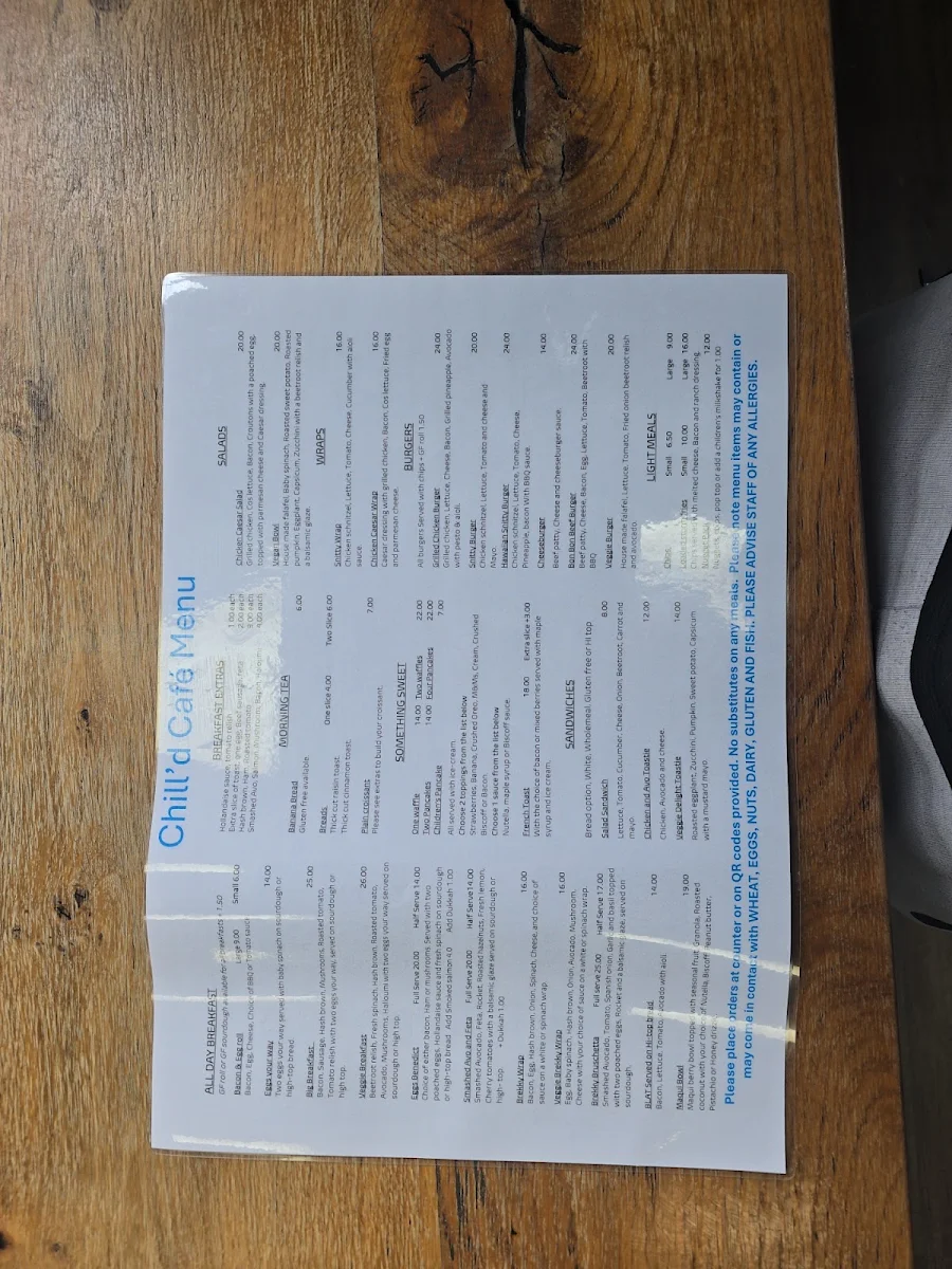 Menu, Chill'd Cafe & Bar