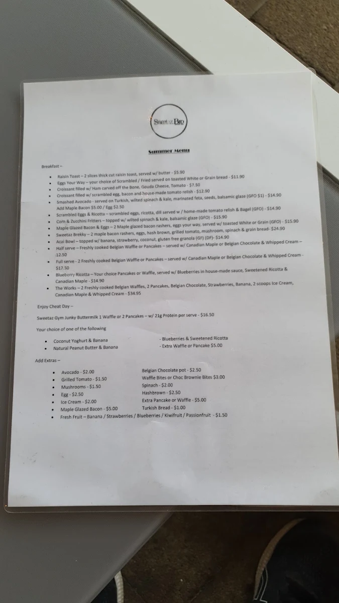 Menu, Sweetaz Bro Cafe & Dessert Bar