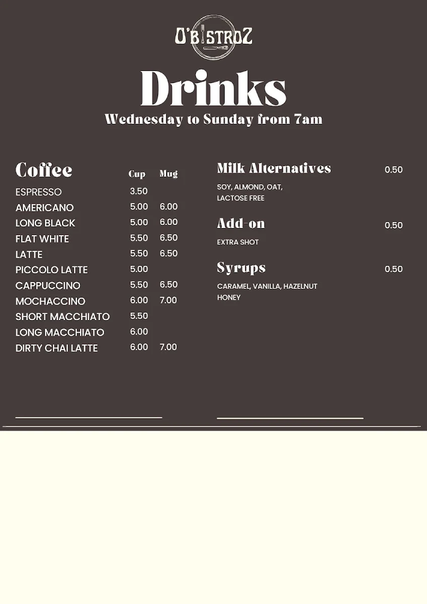 Menu, O'bistroZ - at the Bowen Golf Club