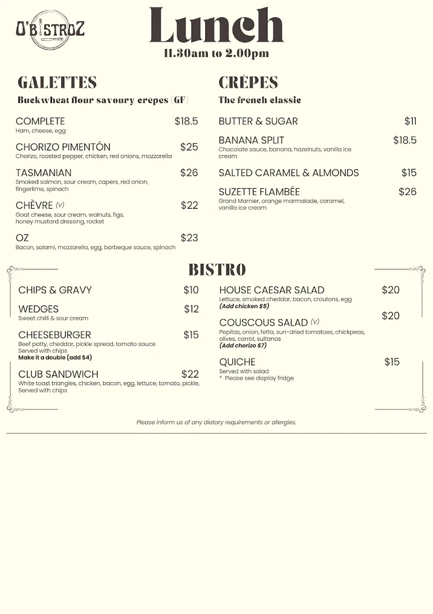 Menu, O'bistroZ - at the Bowen Golf Club