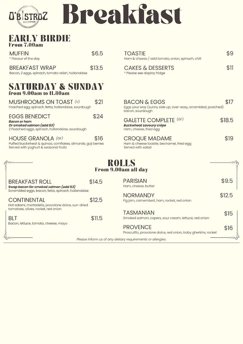 Menu, O'bistroZ - at the Bowen Golf Club