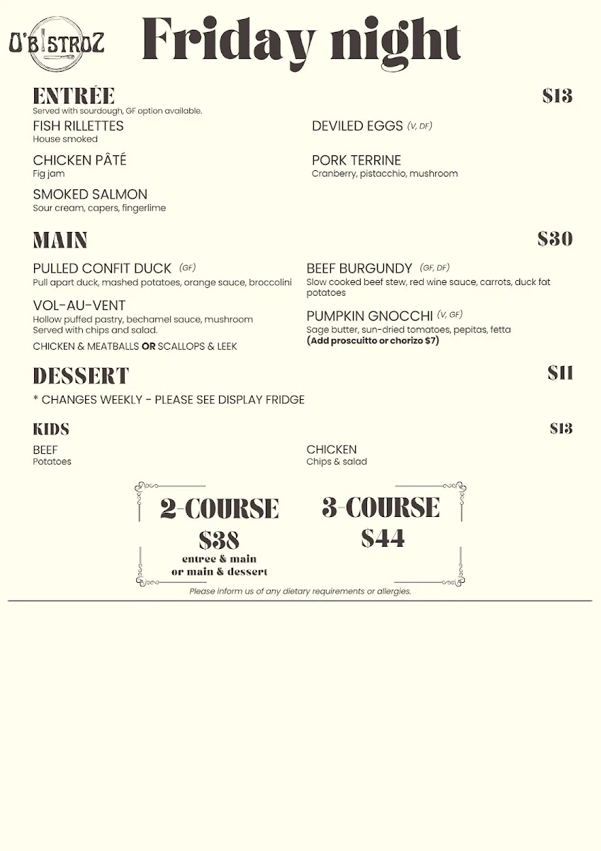 Menu, O'bistroZ - at the Bowen Golf Club