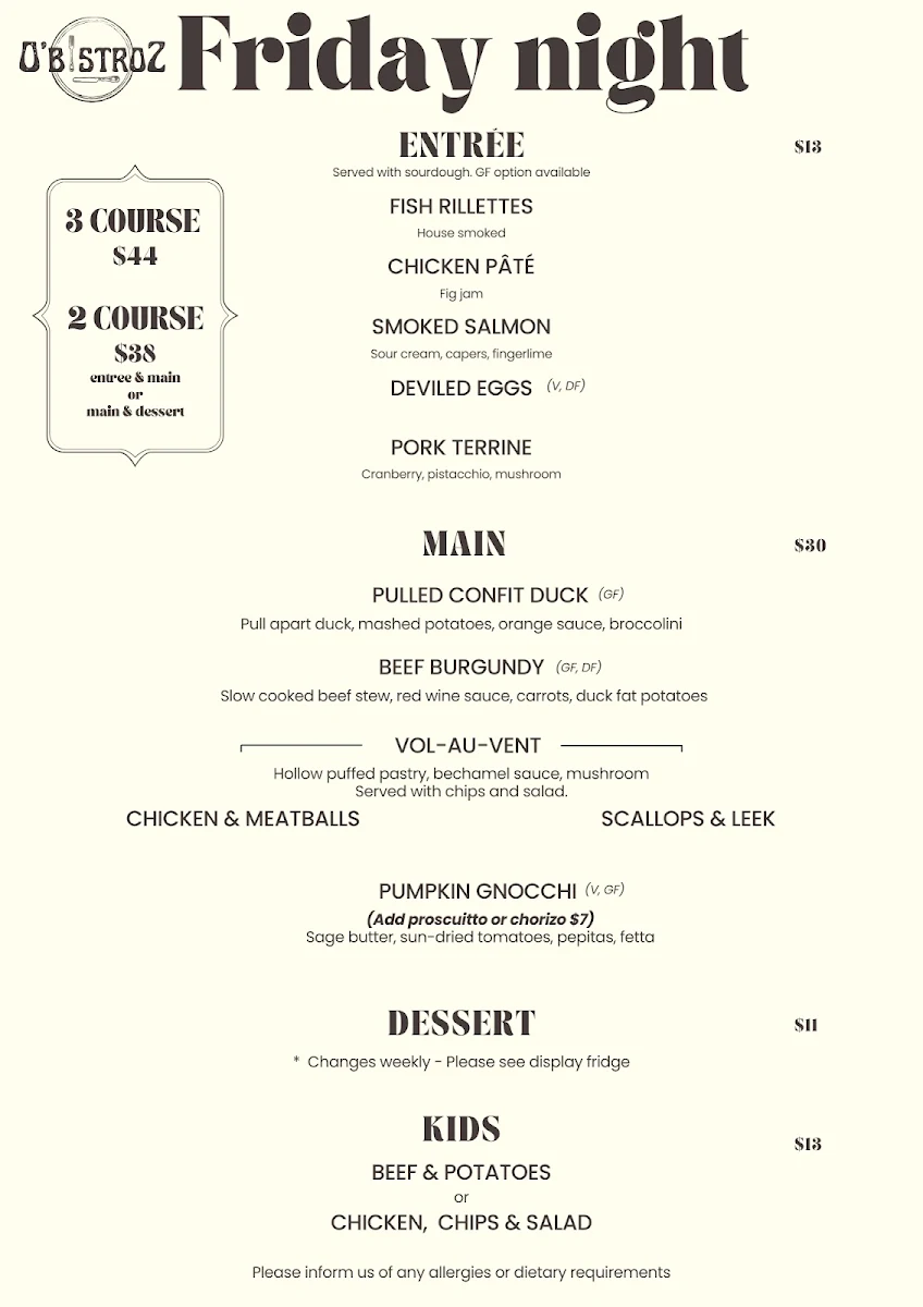 Menu, O'bistroZ - at the Bowen Golf Club