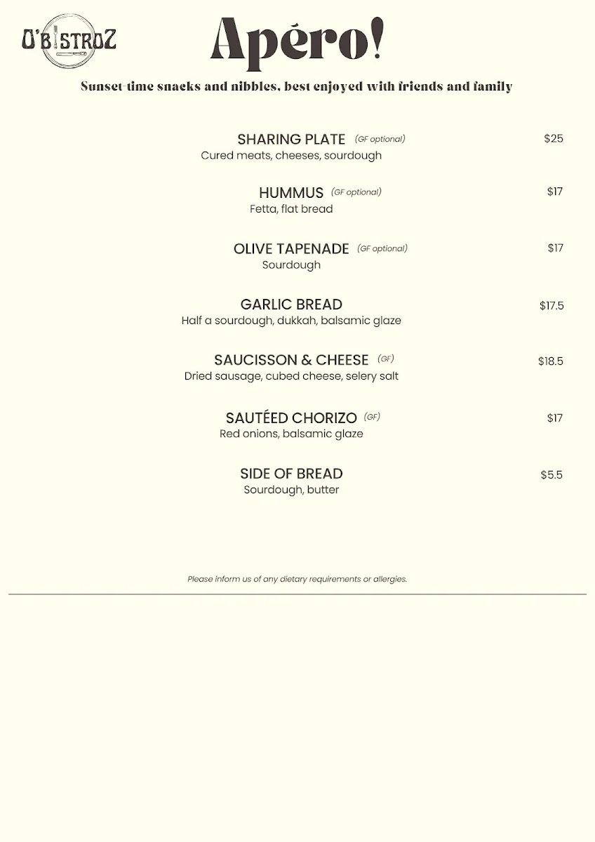 Menu, O'bistroZ - at the Bowen Golf Club