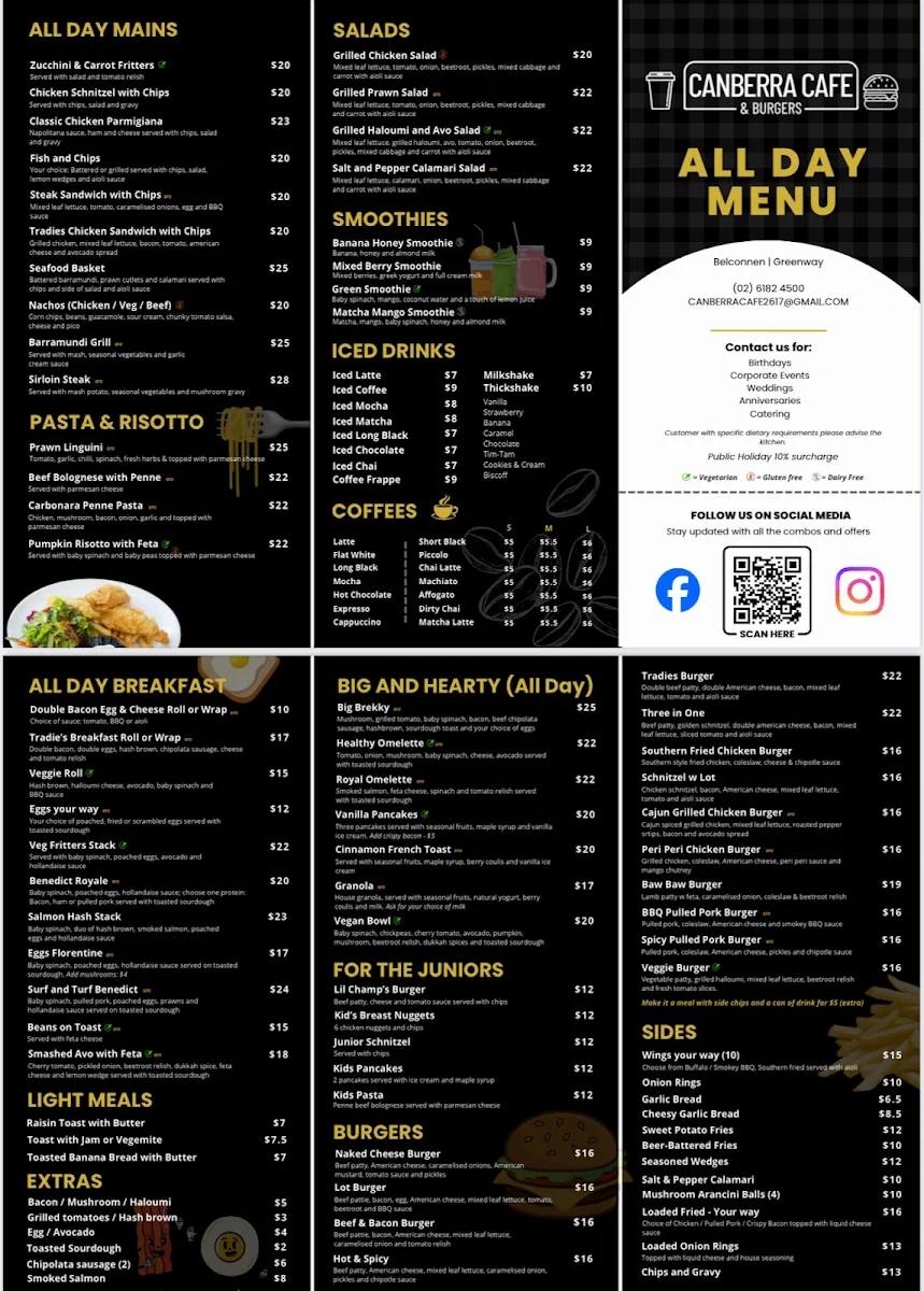 Menu, Canberra Cafe & Burgers