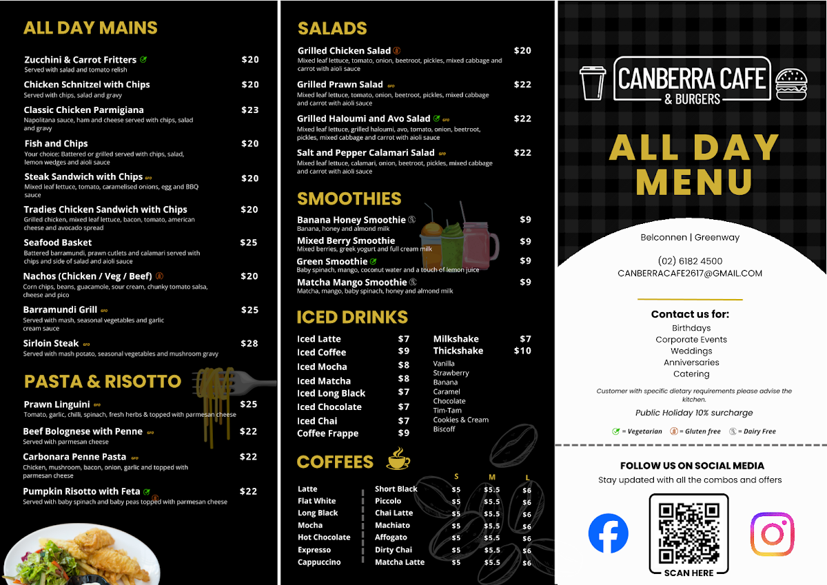 Menu, Canberra Cafe & Burgers