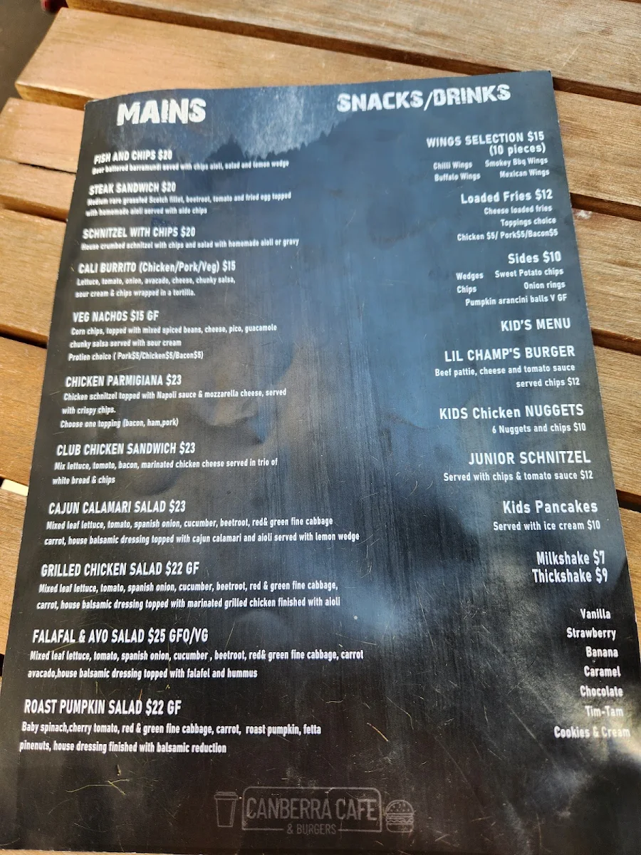 Menu, Canberra Cafe & Burgers