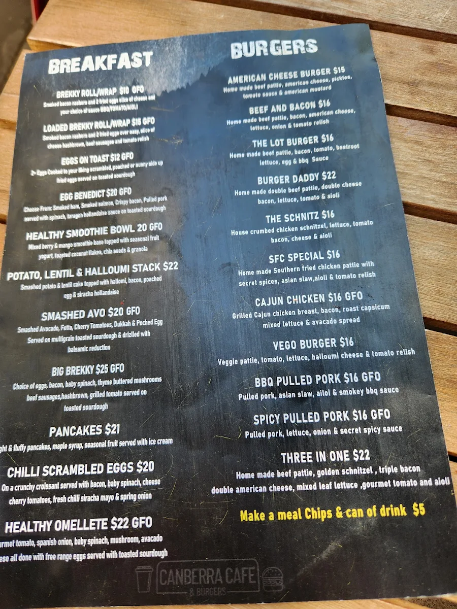 Menu, Canberra Cafe & Burgers