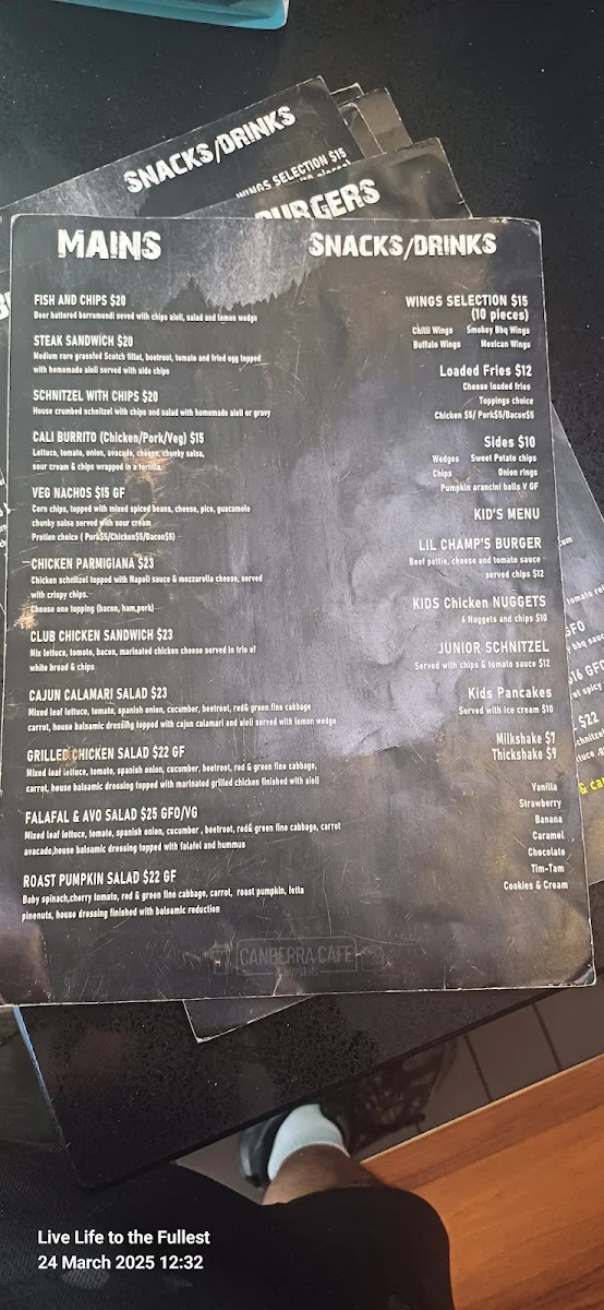 Menu, Canberra Cafe & Burgers