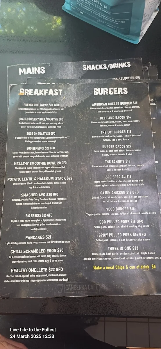 Menu, Canberra Cafe & Burgers