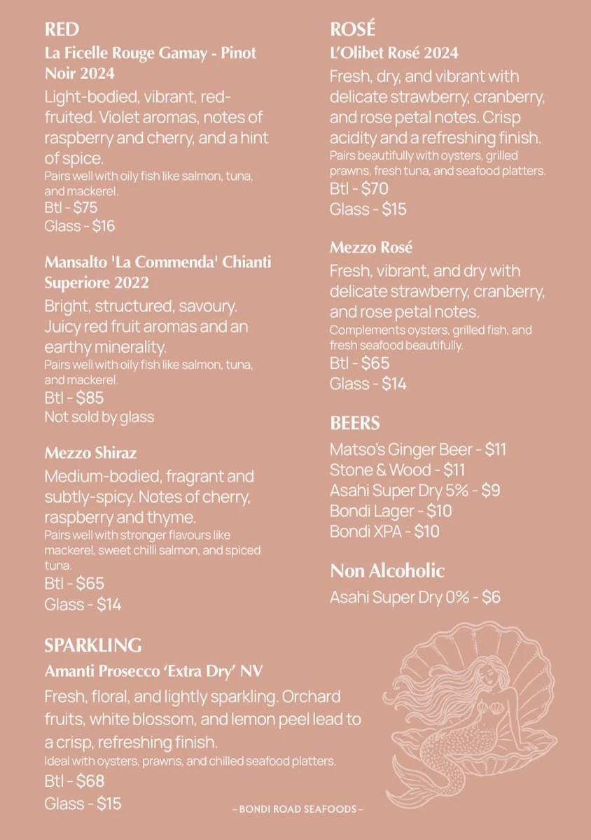 Menu, Bondi Road Seafoods