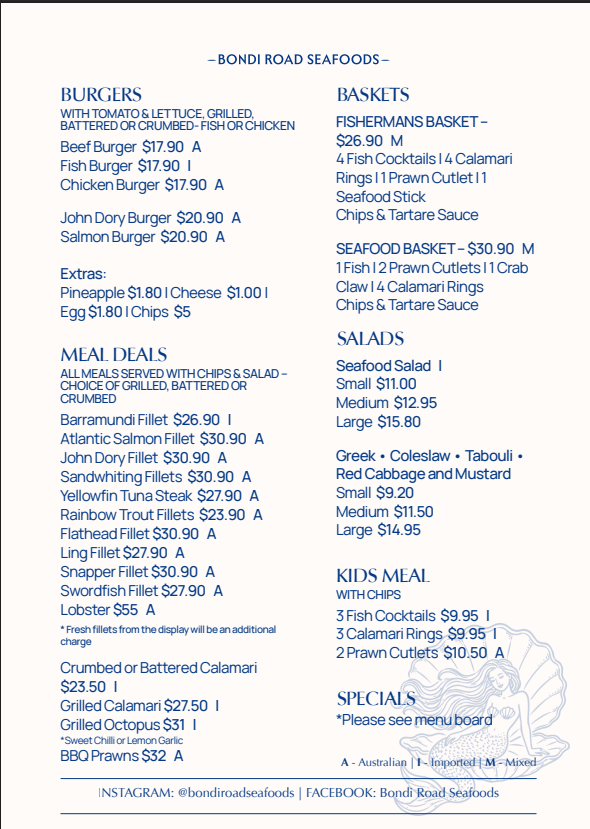 Menu, Bondi Road Seafoods