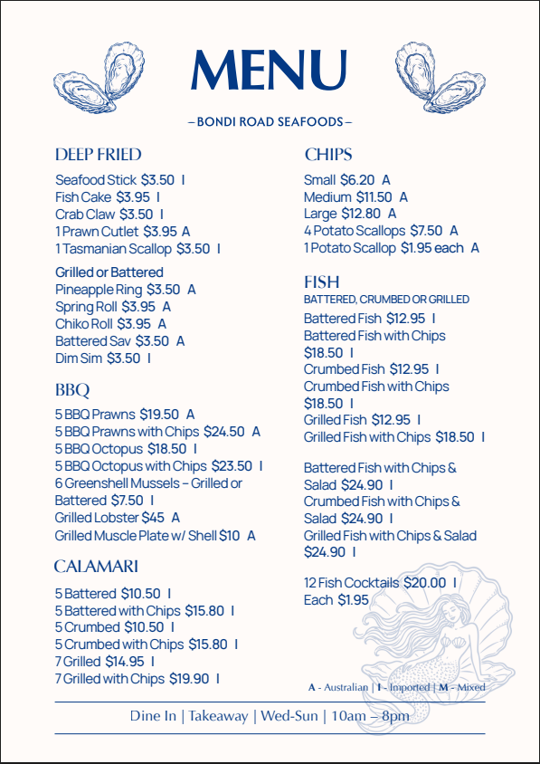Menu, Bondi Road Seafoods