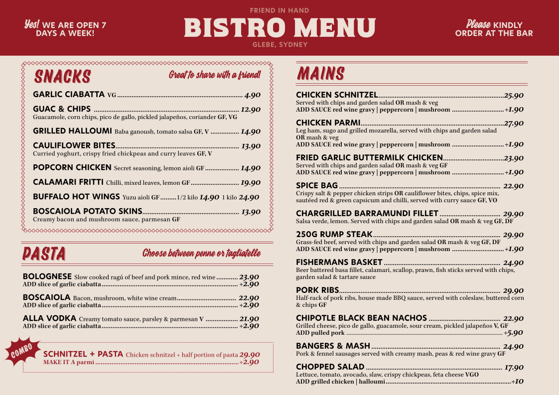 Menu, Friend in Hand Hotel