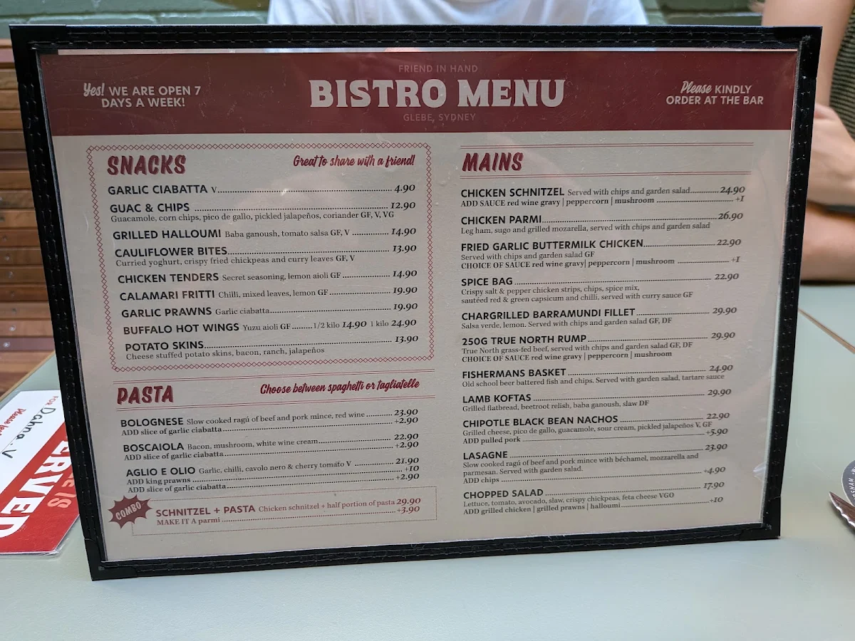 Menu, Friend in Hand Hotel