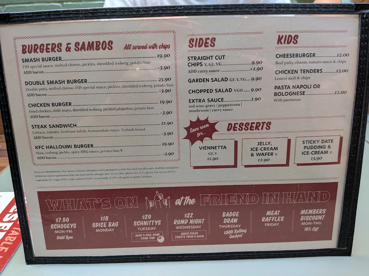 Menu, Friend in Hand Hotel