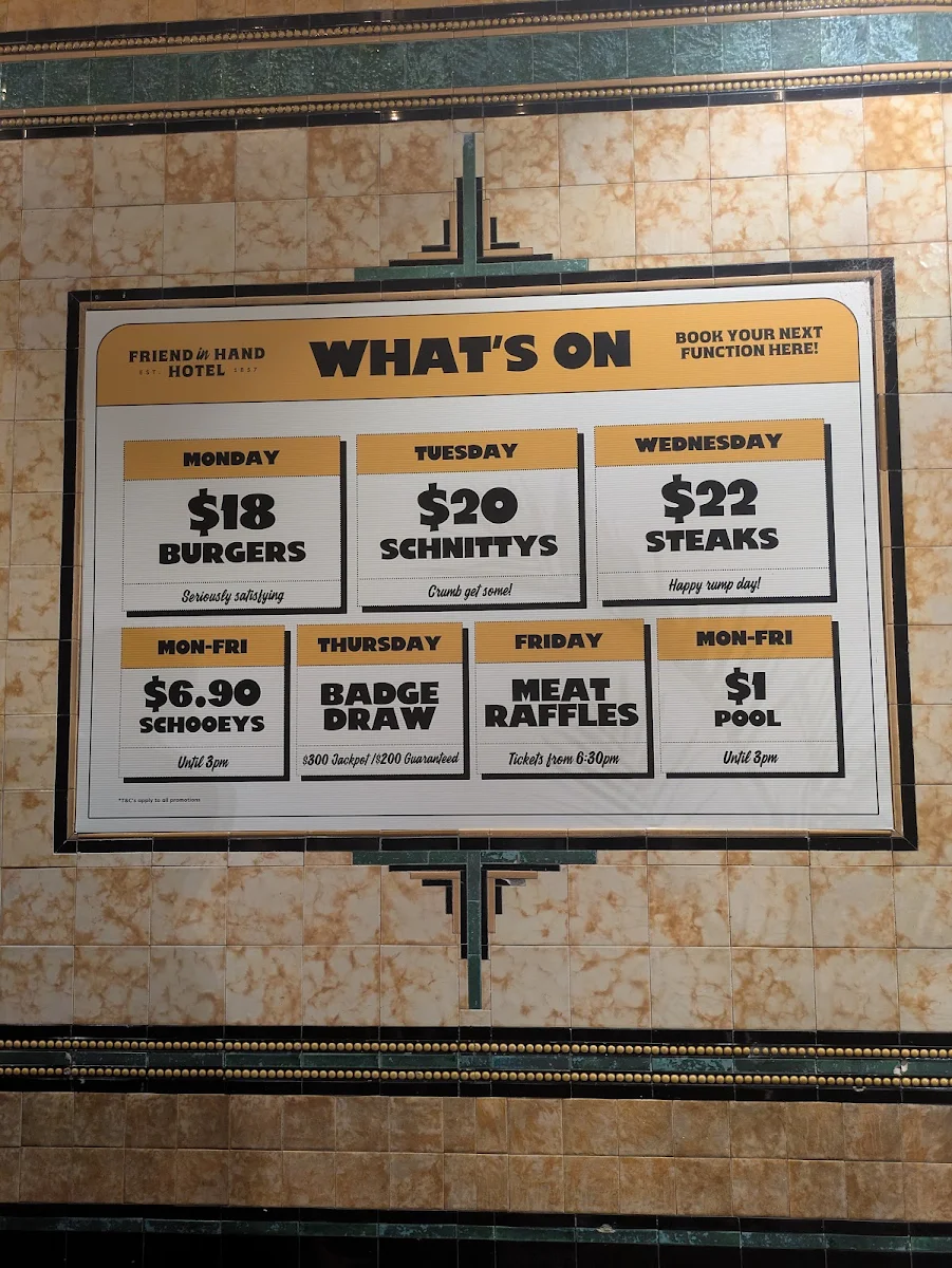 Menu, Friend in Hand Hotel