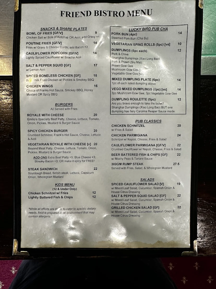 Menu, Friend in Hand Hotel