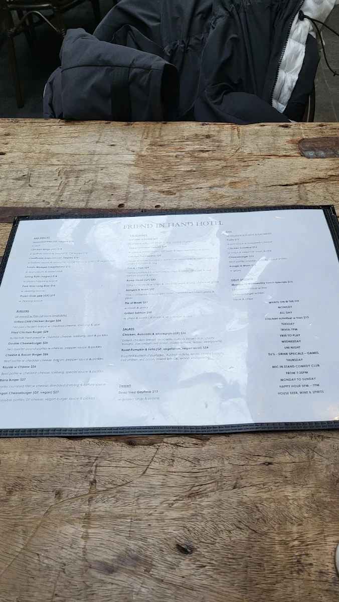 Menu, Friend in Hand Hotel